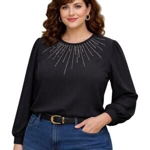 Vintage Teddi of California Blouse Womens 18 Black Sheer Rhinestone Whimsygoth